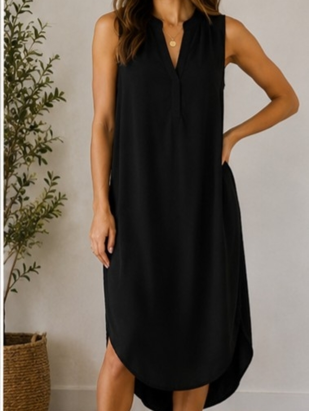Cupio Black Sleeveless Split-Neck High-Low Maxi Dress